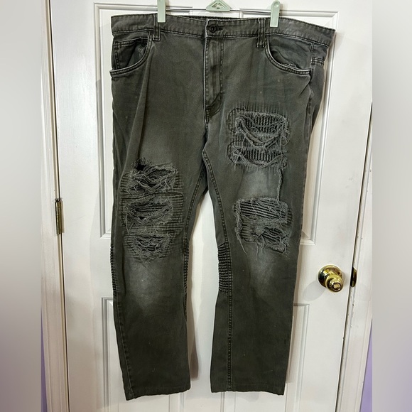 Smoke Rise Men’s 42x32 (42x30) Slim Straight Leg Distressed Green Denim Jeans - Picture 2 of 7